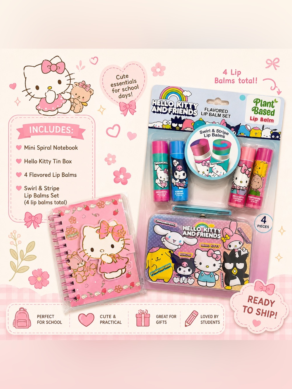 SANRIO Hello Kitty Pink Notebook & Character Lip Balm Tin - NIB